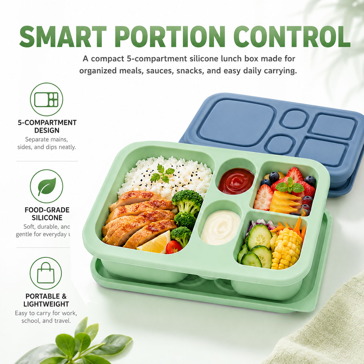 어린이와 성인을위한 휴대용 실리콘 도시락 상자 5 구획 - Food Snacks For 1 Year Old 리뷰 및 가격