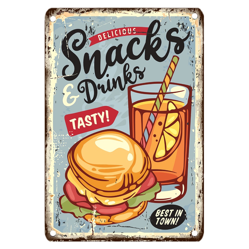 빈티지 푸드 메탈 사인, 12x8 인치 철제 벽 장식, - Food Snacks Easy 리뷰 및 가격